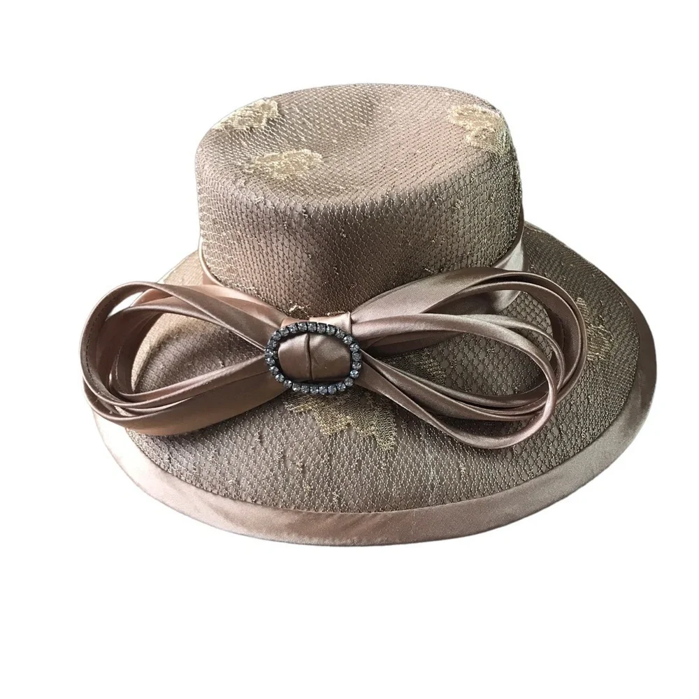 Vintage Ellie 100% wool shiny satin light brown lace derby tea hat